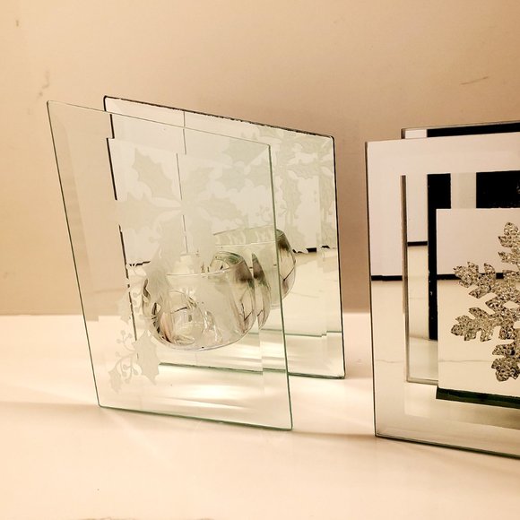 Holly Berry & Snowflake Glass Mirror Candle Holders 2pcs Holiday Decor / Gifts - Picture 9 of 14